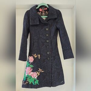 Desigual Navy Trench Coat with Pink Floral Design